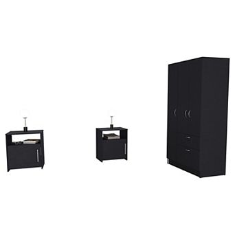 Lubec 3 pc Bedroom Set, Cartagena Armoire + 2 Omaha Nightstands, Black