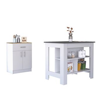 California 2 pc Kitchen Set, Kitchen Island+Pantry Cabinet , White /Onyx /Light Oak