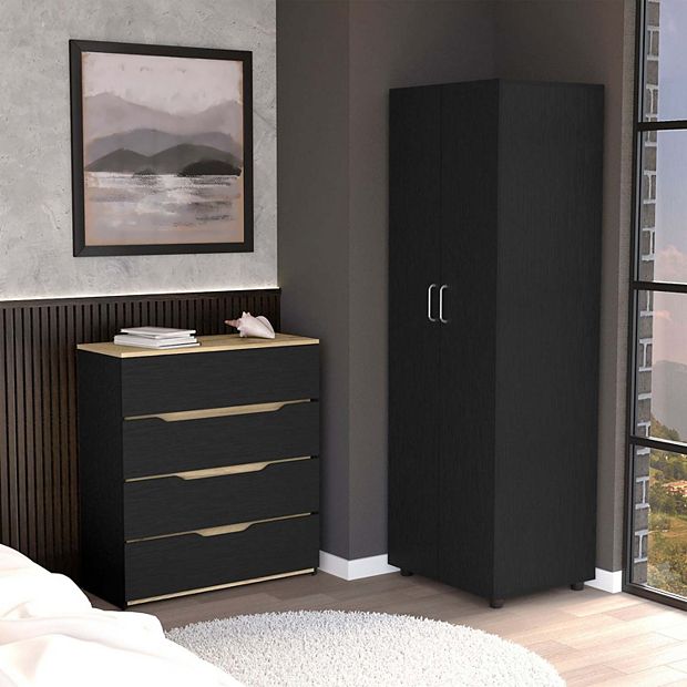 Raines 2 Piece Bedroom Set, London Armoire + Aralia Drawer Dresser, Black /  Light Oak
