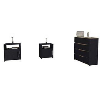 Myra 3 pc Bedroom Set, Aralia Drawer Dresser, 2 Omaha Nightstands, Black / Light Oak