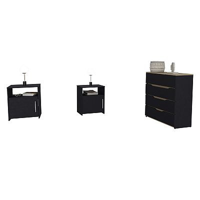Myra 3 Piece Bedroom Set, Aralia Drawer Dresser, 2 Omaha Nightstands, Black  / Light Oak