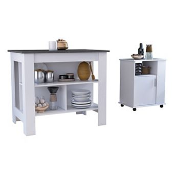 DEPOT E-SHOP Kitchen Set, Kitchen Island + Munich Lower Microwave Pantry Cabinet , White /Onyx