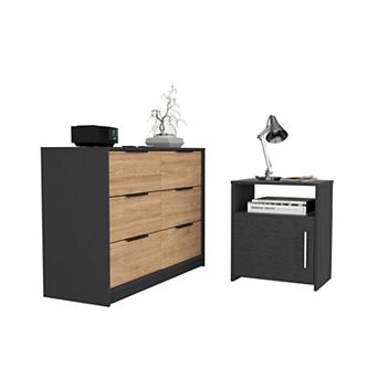 Bangor 2 pc Bedroom Set, Egeo 4 Drawer Dresser + Omaha Nightstand, Black / Pine