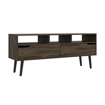 DEPOT E-SHOP Kobe Tv Stand for TV´s up 52", Three Open Shelves, Two Flexible Drawers, Dark Walnut