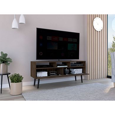 DEPOT E-SHOP Kobe Tv Stand for TV´s up 52", Three Open Shelves, Two Flexible Drawers, Dark Walnut