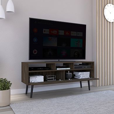 DEPOT E-SHOP Kobe Tv Stand for TV´s up 52", Three Open Shelves, Two Flexible Drawers, Dark Walnut