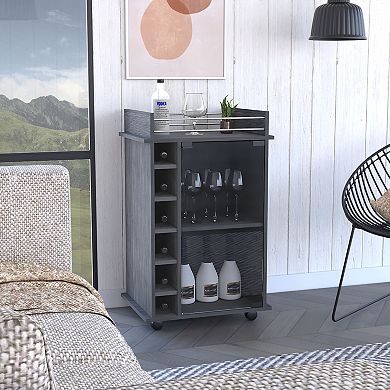 Bar Cart, Six Built-in Wine Rack, Glass Door, Four Casters, Two Shelves, Smokey Oak
