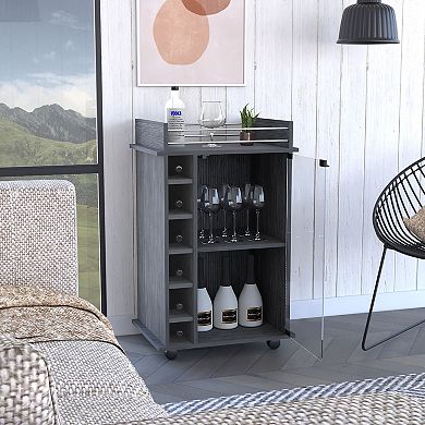 Bar Cart, Six Built-in Wine Rack, Glass Door, Four Casters, Two Shelves, Smokey Oak