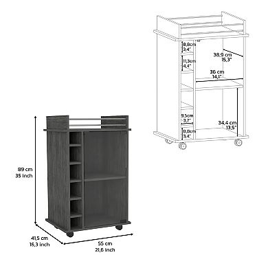 Bar Cart, Six Built-in Wine Rack, Glass Door, Four Casters, Two Shelves, Smokey Oak