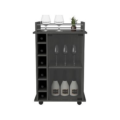 Bar Cart, Six Built-in Wine Rack, Glass Door, Four Casters, Two Shelves, Smokey Oak
