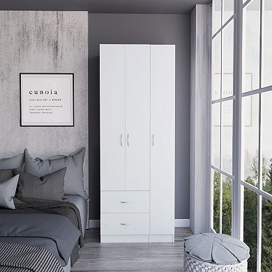 DEPOT E-SHOP Bosko 3 Doors Armoire, Two Drawers, Metal Rod, White