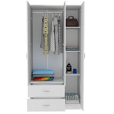 DEPOT E-SHOP Bosko 3 Doors Armoire, Two Drawers, Metal Rod, White