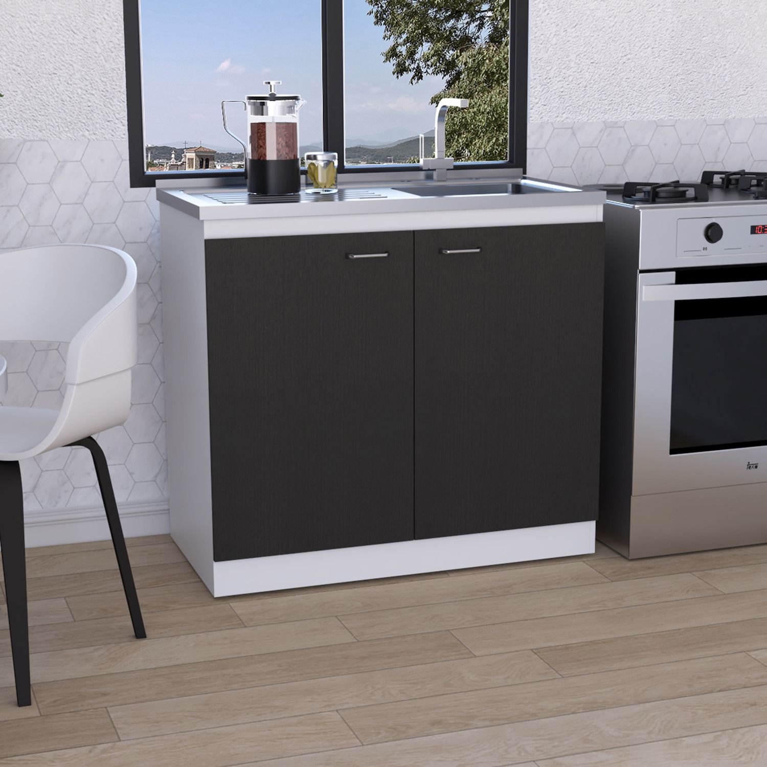 Kitchen cabinet with dark doors under a white countertop next to a stove
