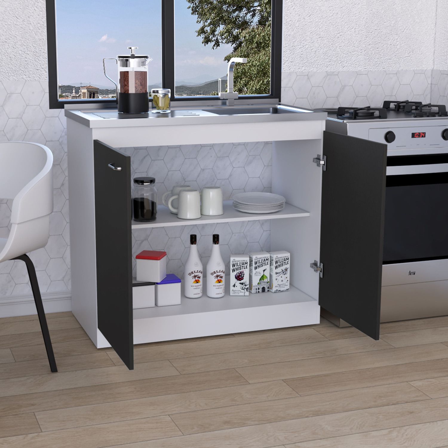 Open cabinet under kitchen counter showing shelves and items