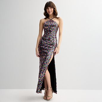 Juniors' Violet Weekend Sequin Halter Side Slit Gown
