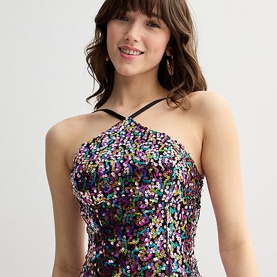 Juniors' Violet Weekend Sequin Halter Side Slit Gown