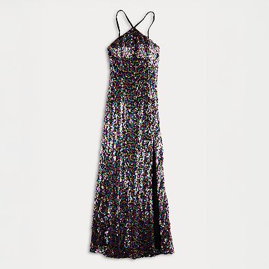 Juniors' Violet Weekend Sequin Halter Side Slit Gown