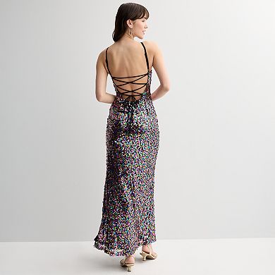Juniors' Violet Weekend Sequin Halter Side Slit Gown