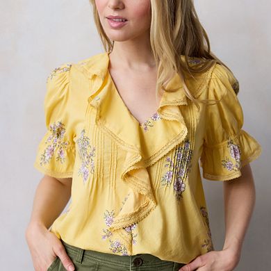 Petite LC Lauren Conrad Ruffle Front Pintuck Blouse