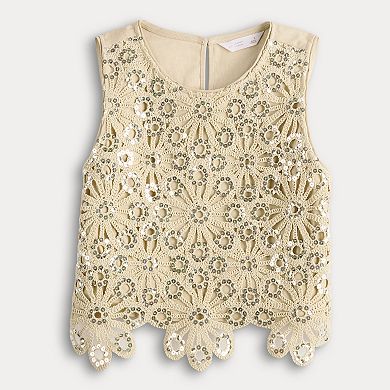 Petite LC Lauren Conrad Sequin Floral Crochet Tank Top