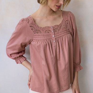 Petite LC Lauren Conrad Lace Insert Button Front Top