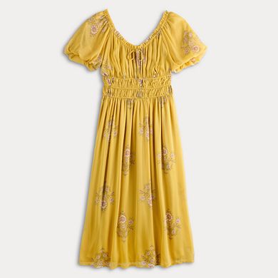 Petite LC Lauren Conrad Shirred Bodice Tea-Length Midi Dress