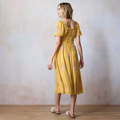 Petite LC Lauren Conrad Shirred Bodice Tea-Length Midi Dress