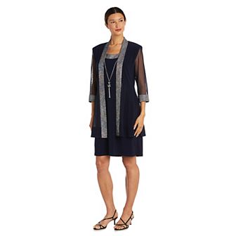 Women's R&M Richards 3 pc Foil Texture Knit Jacket, Dress & Necklace Set