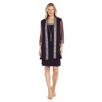 Women's R&M Richards 3 pc Foil Texture Knit Jacket, Dress & Necklace Set