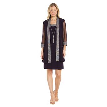 Women's R&M Richards 3 pc Foil Texture Knit Jacket, Dress & Necklace Set