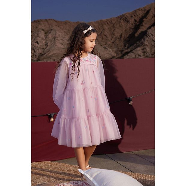 chinese dress ladies Pink Shimmer Mesh Long Sleeve Ruched Maternity Midi Dress – PinkBlush main image 1