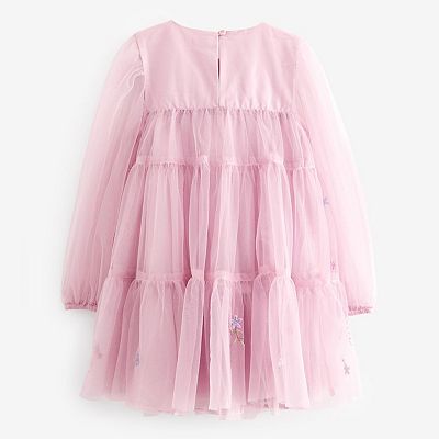 Girls 4-12 NEXT Long Sleeve Embroidered Lilac Mesh Dress