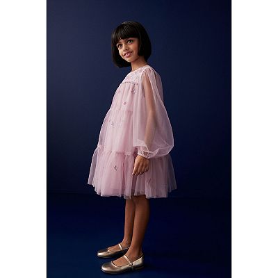 Girls 4-12 NEXT Long Sleeve Embroidered Lilac Mesh Dress