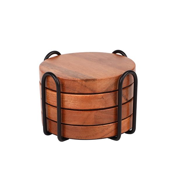 Mingle & Co. 4-pc. Wood Coaster with Holder Set - Med Brown