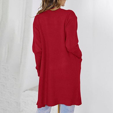 Women's Long Sleeve Knit Cardigan With Pocket Casual Open Front Sweater Coat