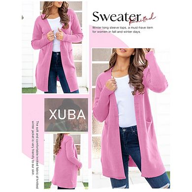 Women's Long Sleeve Knit Cardigan With Pocket Casual Open Front Sweater Coat