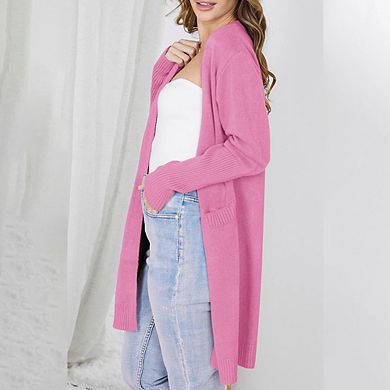 Women's Long Sleeve Knit Cardigan With Pocket Casual Open Front Sweater Coat