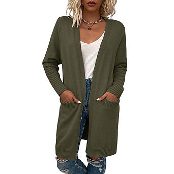 Women's Long Sleeve Knit Cardigan With Pocket Casual Open Front Sweater Coat