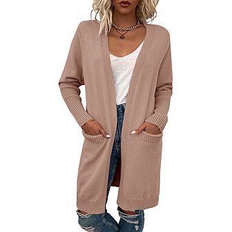 Women's Long Sleeve Knit Cardigan With Pocket Casual Open Front Sweater Coat