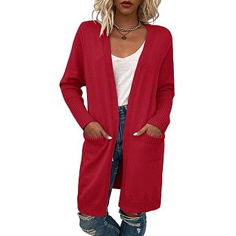 Women's Long Sleeve Knit Cardigan With Pocket Casual Open Front Sweater Coat