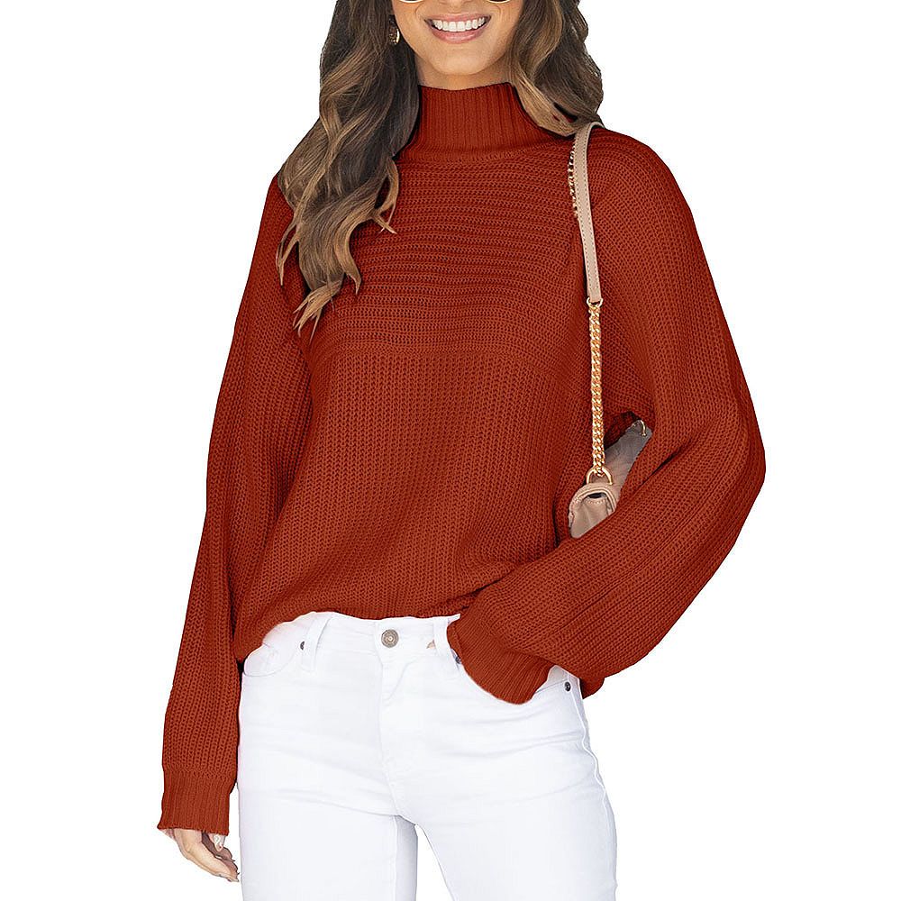 Turtleneck Loose Hem Slit Long Sleeve Knitted Pullover Sweater Tops