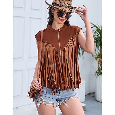 Women's Fringe Vest 70s Denim Zip Up Jacket Hippie