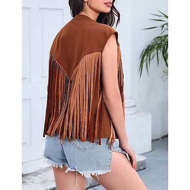Women's Fringe Vest 70s Denim Zip Up Jacket Hippie Sleeveless Loose Tank Tops Vest