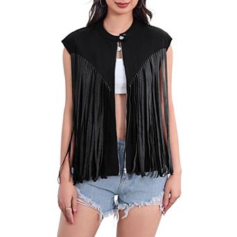 Women's Fringe Vest 70s Denim Zip Up Jacket Hippie Sleeveless Loose Tank Tops Vest