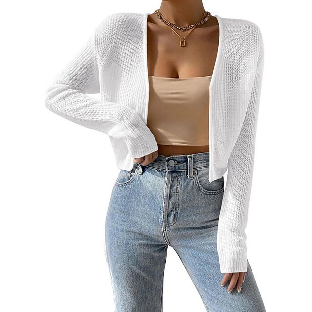 Women’s Cropped Open Front Cardigan - Long Sleeve Knit Bolero Top For Casual Wear
