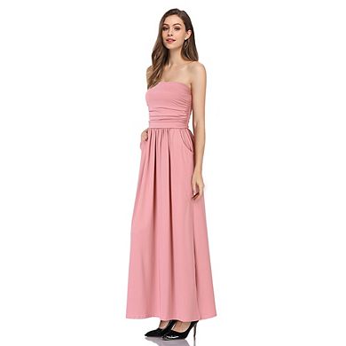 Women's Summer Boho Strapless Maxi Dresses High Waist Vintage Floral Print Maxi Long Dress
