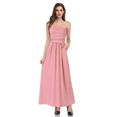 Women's Summer Boho Strapless Maxi Dresses High Waist Vintage Floral Print Maxi Long Dress