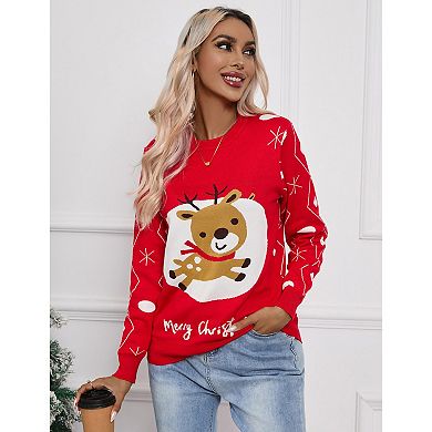 Women Long Sleeve Vintage Oversized Reindeer Snowflakes Crew Neck Knit Christmas Pullover Sweater