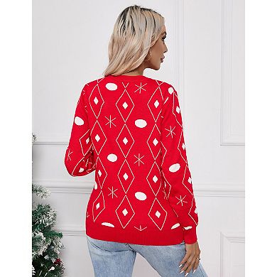 Women Long Sleeve Vintage Oversized Reindeer Snowflakes Crew Neck Knit Christmas Pullover Sweater