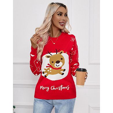 Women Long Sleeve Vintage Oversized Reindeer Snowflakes Crew Neck Knit Christmas Pullover Sweater